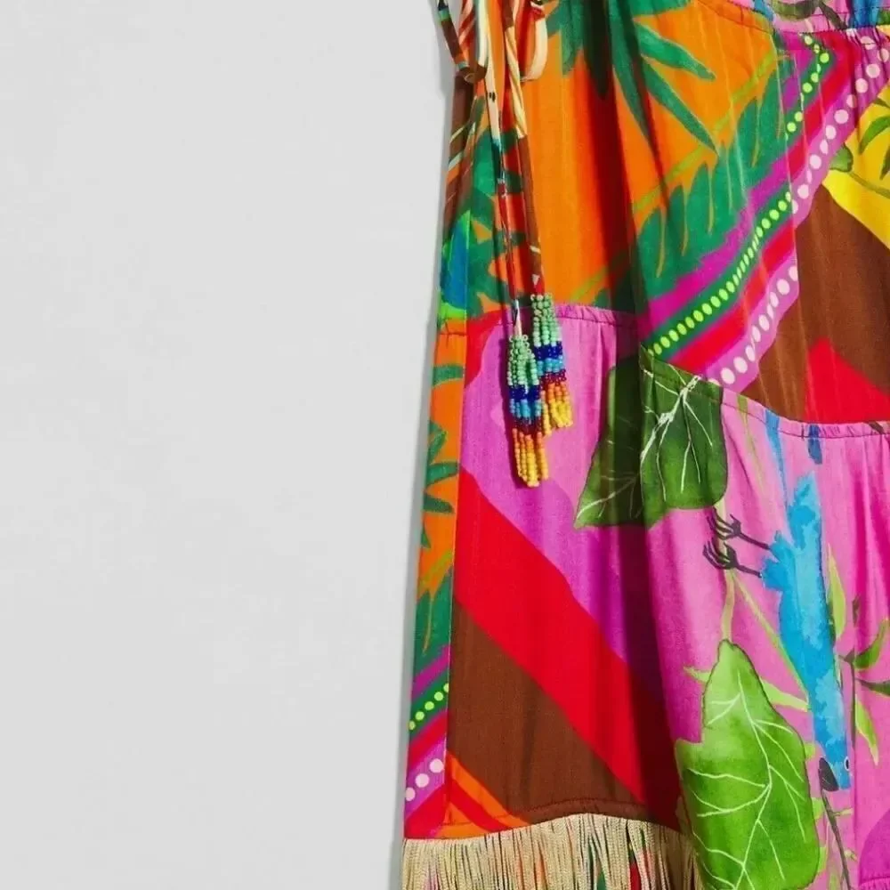 NWT ANTHROPOLOGIE FARM RIO SzM PALILA SPAGUETTI STRAPS FRINGED MIDI DRESS